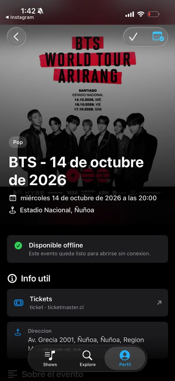 Detalle de un concierto en Showkit con fecha, recinto, tickets y el aviso «Disponible offline» para la información del evento.